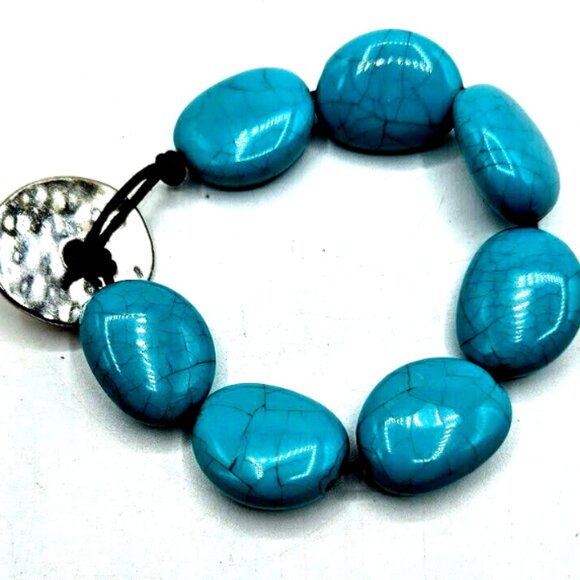 Signed Chaps Bracelet Teal Blue Button Irregular Faux Turquoise Gemstone Sz 8" - Picture 2 of 4